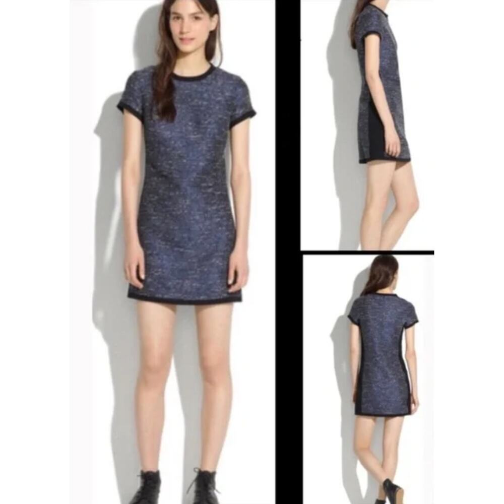 Madewell Shimmer Weave Blue Metallic Black Panel Tweed Shift Dress